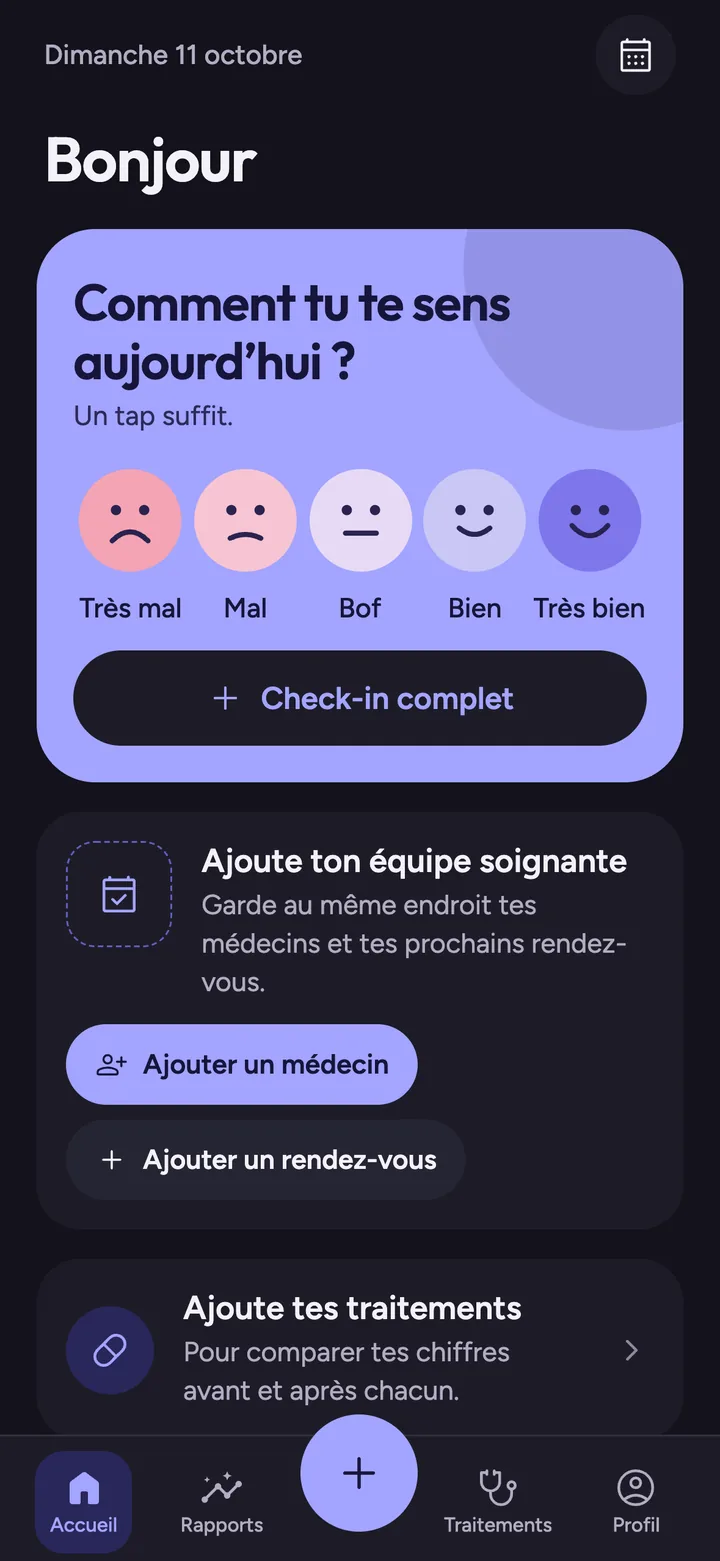 Accueil de Symio en mode sombre.