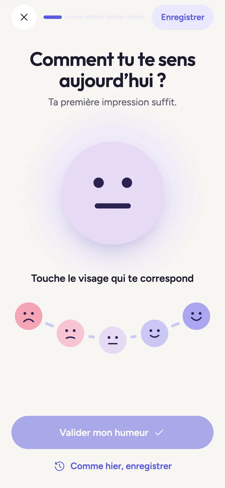 Écran de check-in de Symio : Comment tu te sens aujourd’hui ? avec cinq visages, de Très mal à Très bien.