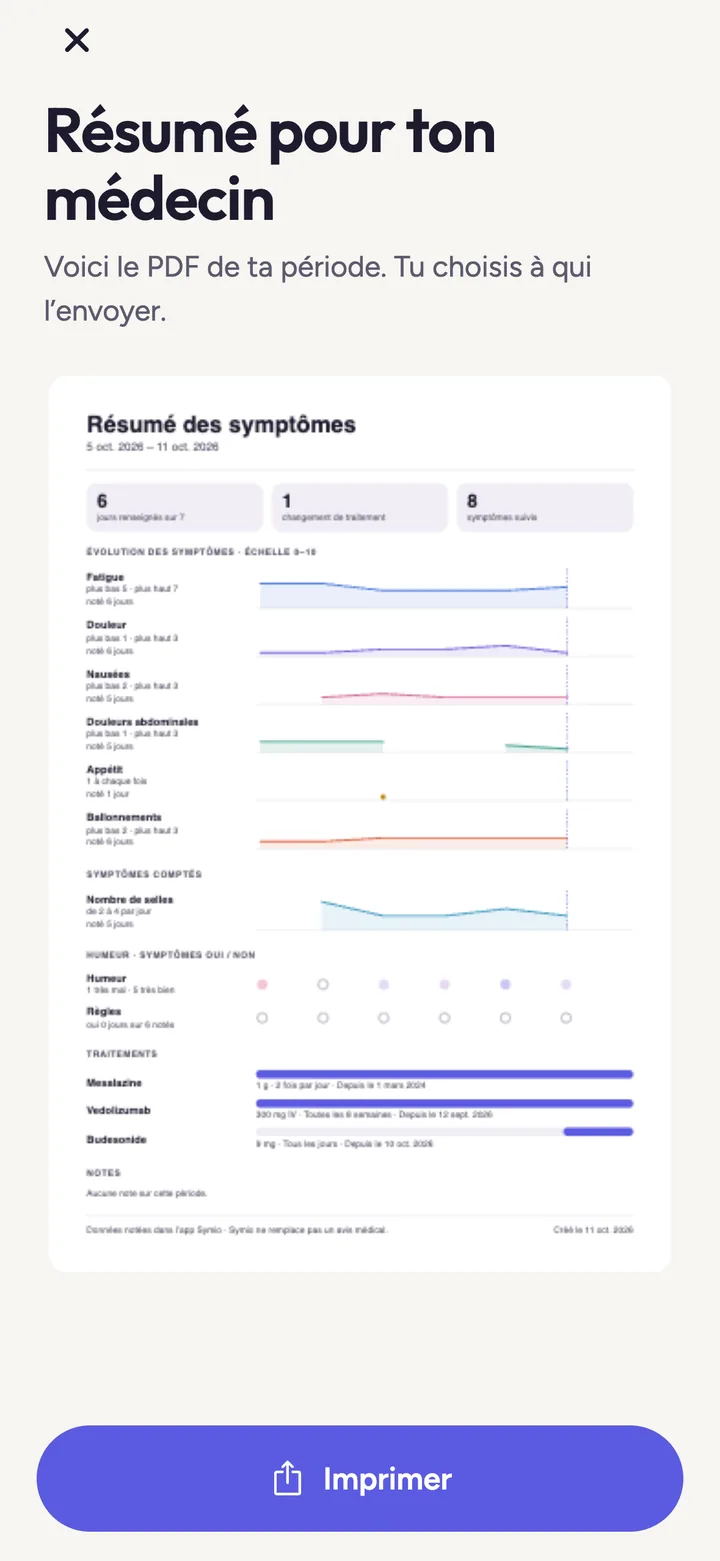 Écran Résumé pour ton médecin : aperçu du PDF des symptômes de la semaine.